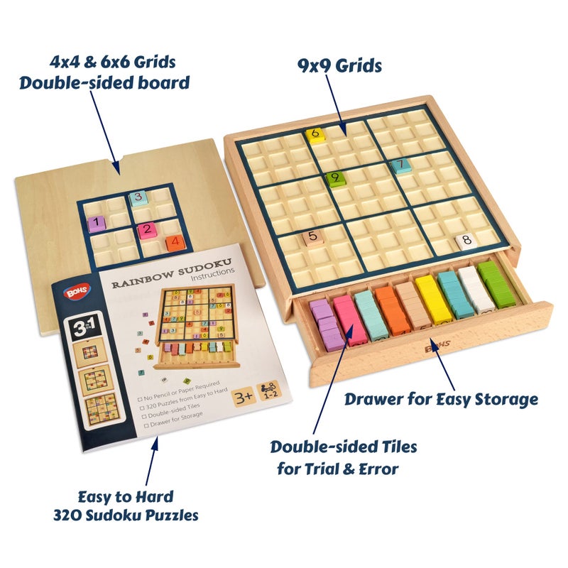 BOHS Wooden Rainbow Sudoku Puzzle - 3 in 1 Easy to Hard - with Sudoku Book of 320 Puzzles - Desktop Brain Teaser Game Toys - Image 2
