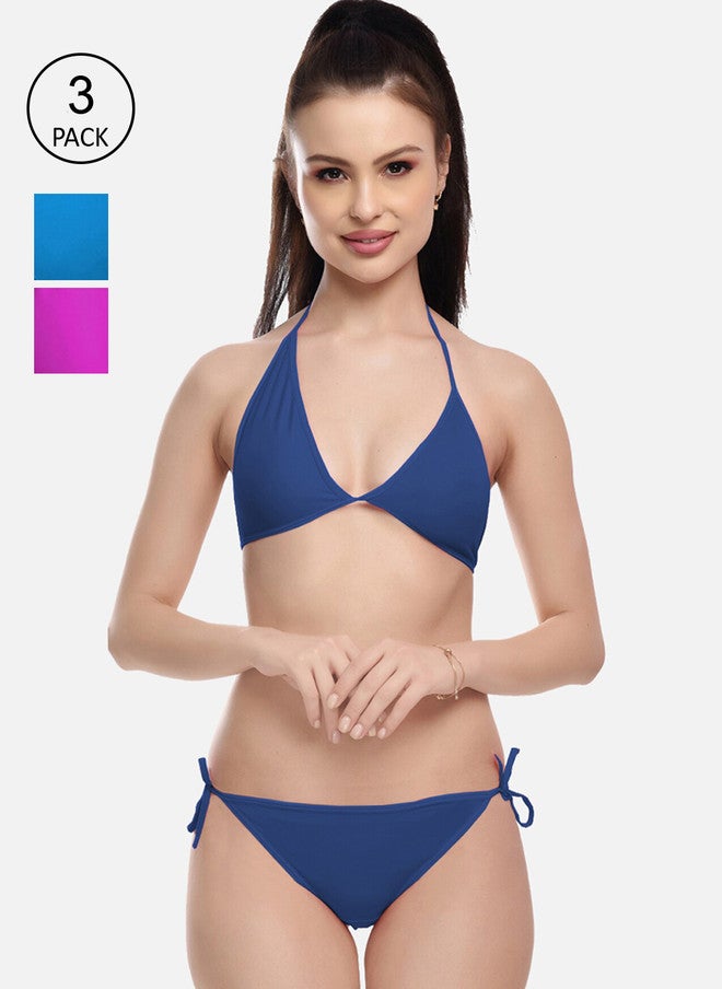 FIMS Pack of 3 Solid Bikini Sets in Blue and Pink - Image 1