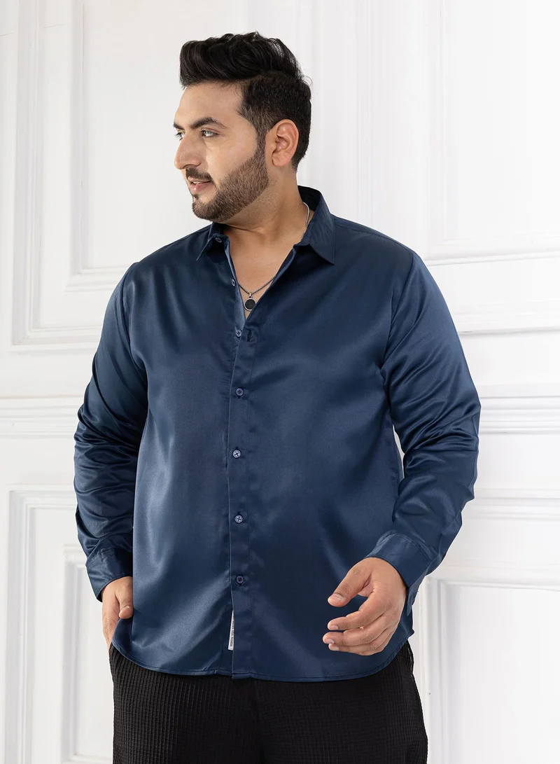 Instafab Plus Instafab Plus Men's Navy Blue Satin Solid Shirt For Casual Wear | Spread Collar | Long Cuffed Sleeves | Button Closure | Plus Size Shirt Crafted With Comfort Fit For Everyday Wear