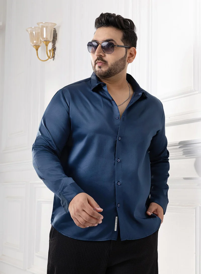Instafab Plus Instafab Plus Men's Navy Blue Satin Solid Shirt For Casual Wear | Spread Collar | Long Cuffed Sleeves | Button Closure | Plus Size Shirt Crafted With Comfort Fit For Everyday Wear