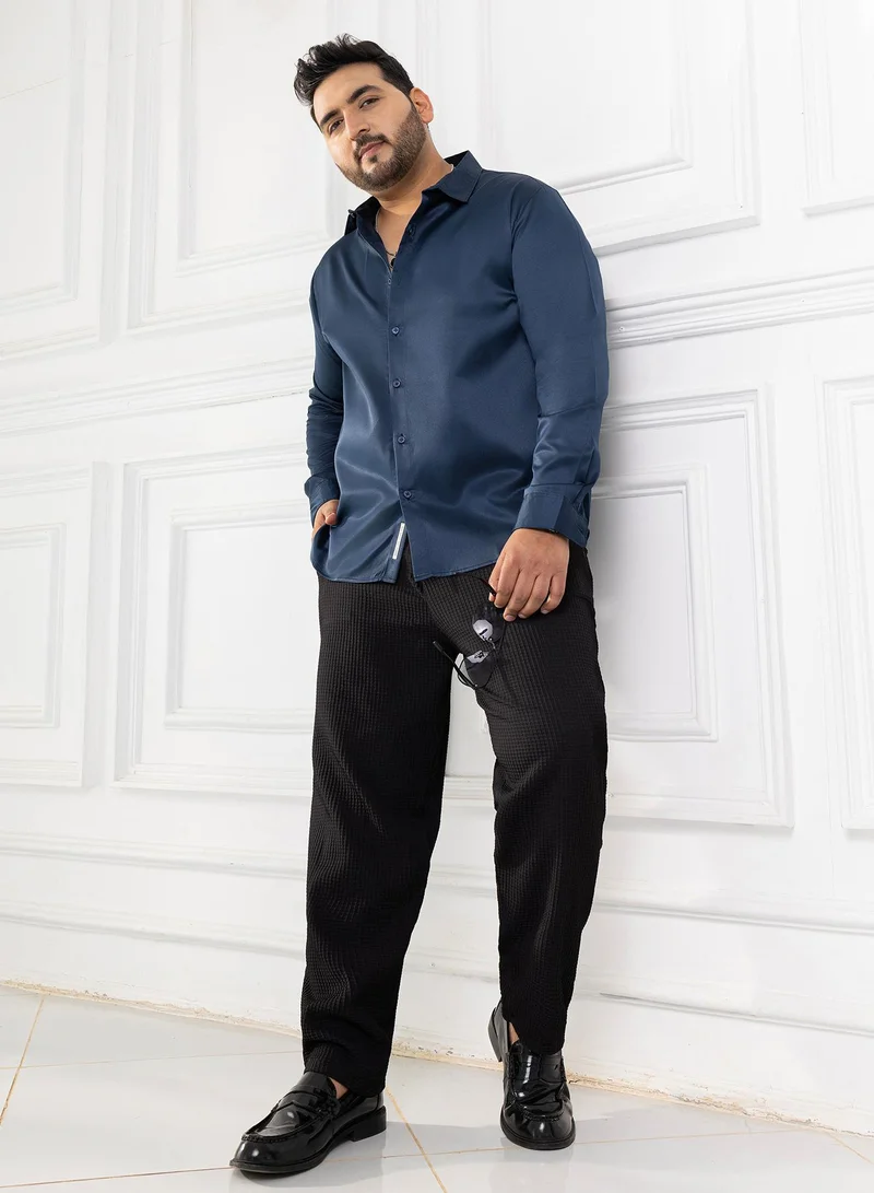 Instafab Plus  Instafab Plus Men's Navy Blue Satin Solid Shirt For Casual Wear | Spread Collar | Long Cuffed Sleeves | Button Closure | Plus Size Shirt Crafted With Comfort Fit For Everyday Wear for Men | Best Price UAE