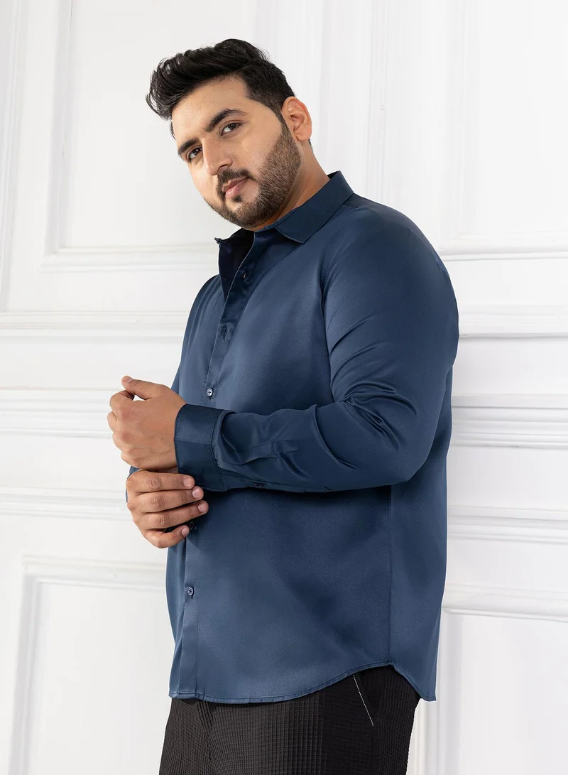 Instafab Plus  Instafab Plus Men's Navy Blue Satin Solid Shirt For Casual Wear | Spread Collar | Long Cuffed Sleeves | Button Closure | Plus Size Shirt Crafted With Comfort Fit For Everyday Wear for Men | Best Price UAE