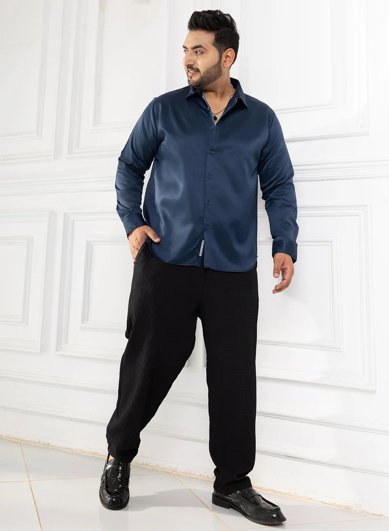 Instafab Plus  Instafab Plus Men's Navy Blue Satin Solid Shirt For Casual Wear | Spread Collar | Long Cuffed Sleeves | Button Closure | Plus Size Shirt Crafted With Comfort Fit For Everyday Wear for Men | Best Price UAE