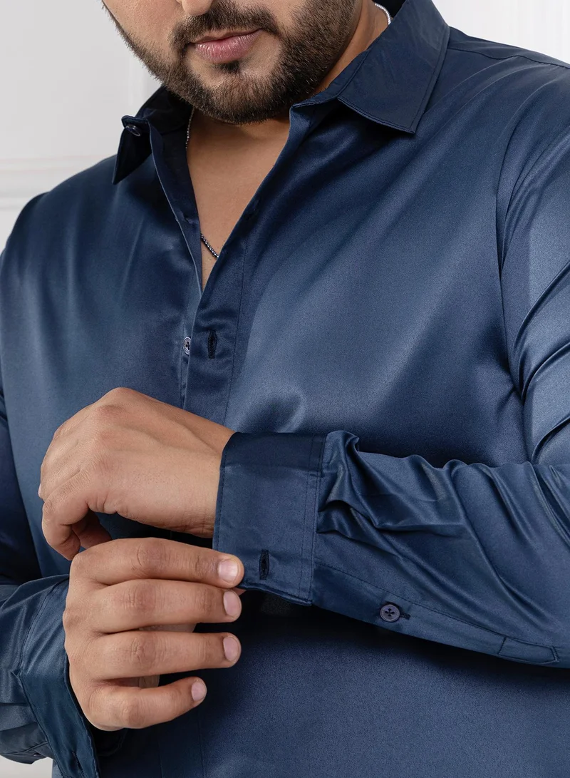Instafab Plus  Instafab Plus Men's Navy Blue Satin Solid Shirt For Casual Wear | Spread Collar | Long Cuffed Sleeves | Button Closure | Plus Size Shirt Crafted With Comfort Fit For Everyday Wear for Men | Best Price UAE