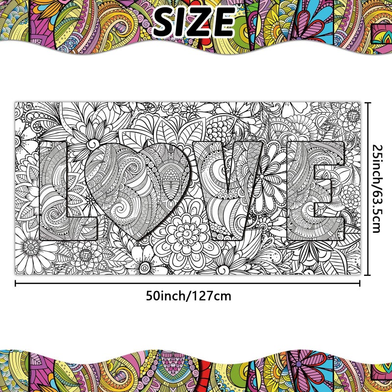 Tevxj Giant Mandala Coloring Posters 50" x 25" Jumbo Love Mandala Coloring Posters for Kids Teens Adults Large Mandala Coloring Tablecloth Huge Art Craft Activity for Home Classroom Party Supplies Favor - Image 2