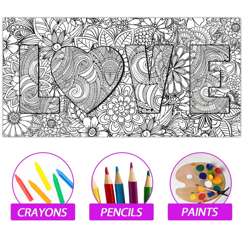 Tevxj Giant Mandala Coloring Posters 50" x 25" Jumbo Love Mandala Coloring Posters for Kids Teens Adults Large Mandala Coloring Tablecloth Huge Art Craft Activity for Home Classroom Party Supplies Favor - Image 3