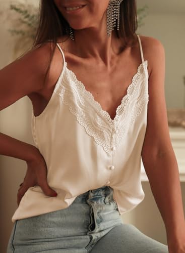 miduo Womens Tank Tops Fashion Casual Satin Tops Lace Trim Button Up V Neck Spaghetti Strap Camisole Sleeveless Tank Tops Apricot L - Image 2