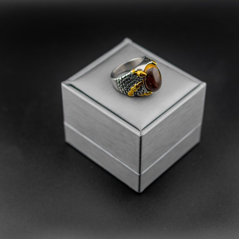 Brown Stone Silver Stainless Steel Ring For Him - Size 10 - Image 2