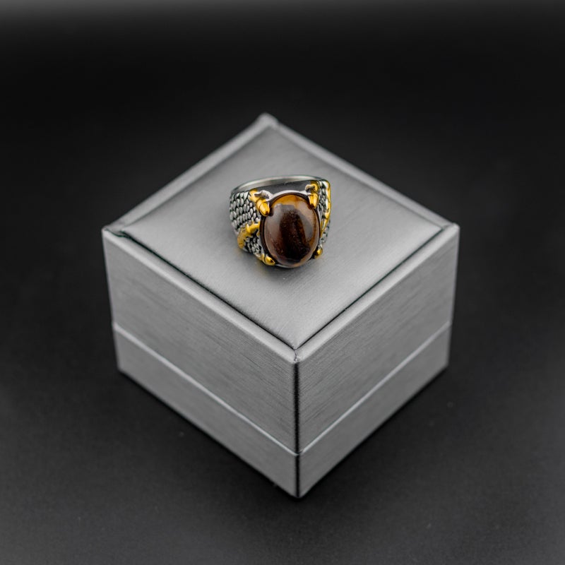 Brown Stone Silver Stainless Steel Ring For Him - Size 10 - Image 1