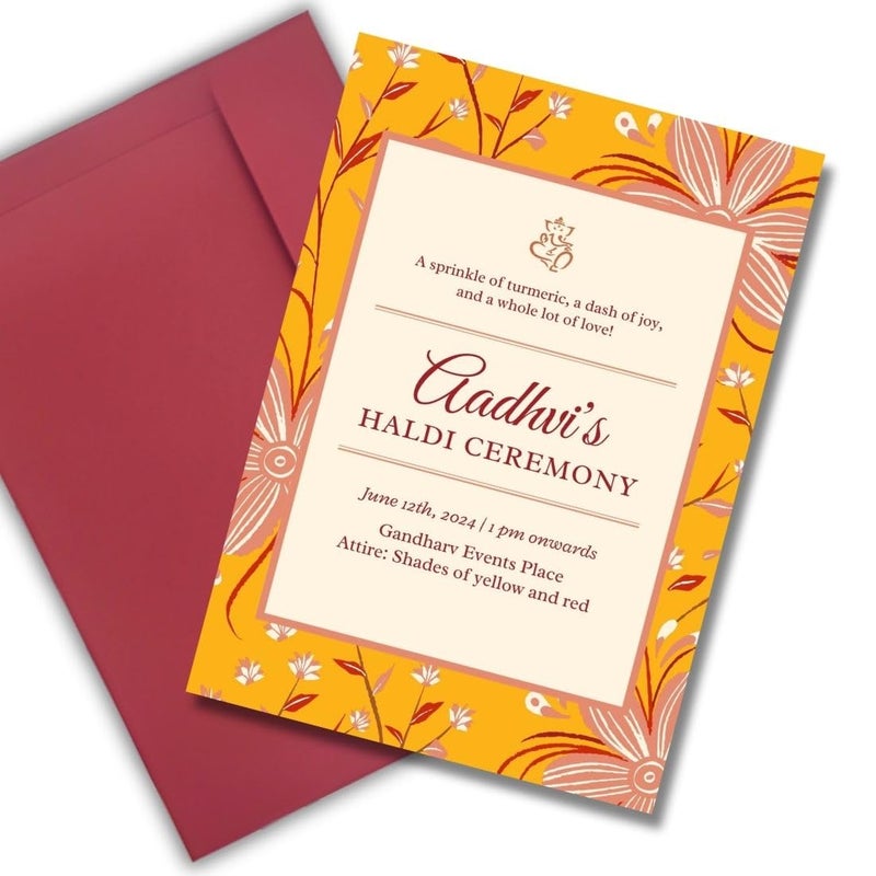 AanyaCentric 5.8x8.3inches Haldi Ceremony Self Fill-in Printed Card, Pack of 10 with Premium Red Envelopes & Paper Name Slip, Invitation for Best Friends Relatives, Blank at Back - Image 1