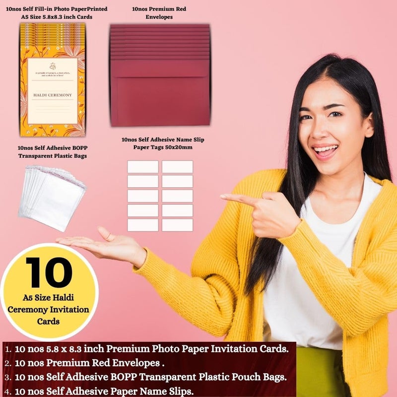 AanyaCentric 5.8x8.3inches Haldi Ceremony Self Fill-in Printed Card, Pack of 10 with Premium Red Envelopes & Paper Name Slip, Invitation for Best Friends Relatives, Blank at Back - Image 5