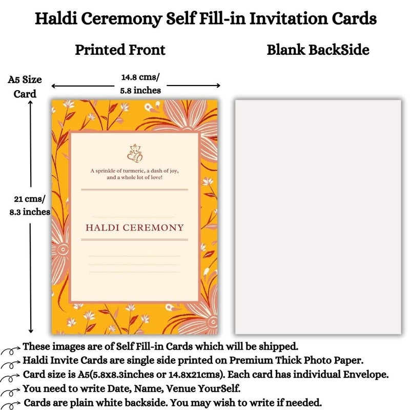 AanyaCentric 5.8x8.3inches Haldi Ceremony Self Fill-in Printed Card, Pack of 10 with Premium Red Envelopes & Paper Name Slip, Invitation for Best Friends Relatives, Blank at Back - Image 2