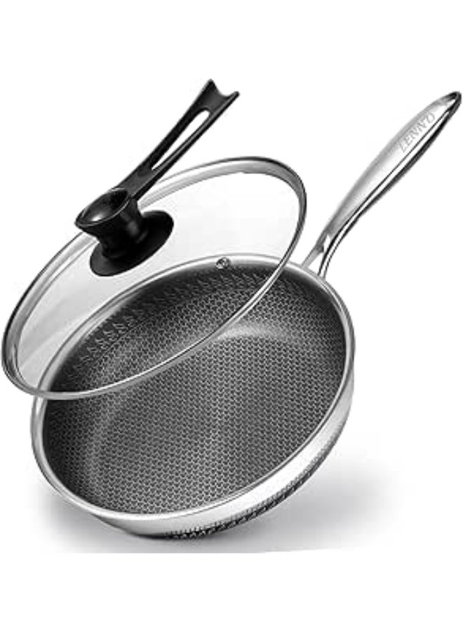 LENND Frying Pan Nonstick with Lid, 28CM Deep Stainless Steel Cookware Sauté Pan Skillet, Pan with Handle, Honeycomb Cooking Pot Dishwasher Safe, Wok Pan Compatible with All Cooktops - Image 1