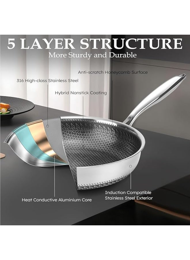 LENND Frying Pan Nonstick with Lid, 28CM Deep Stainless Steel Cookware Sauté Pan Skillet, Pan with Handle, Honeycomb Cooking Pot Dishwasher Safe, Wok Pan Compatible with All Cooktops - Image 2