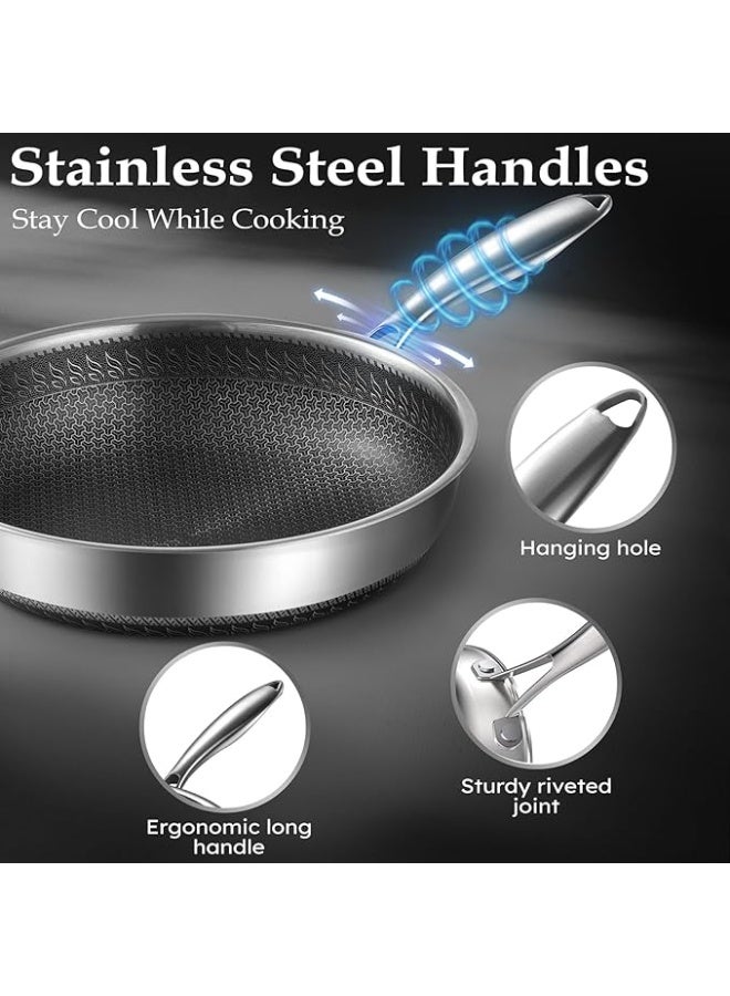 LENND Frying Pan Nonstick with Lid, 28CM Deep Stainless Steel Cookware Sauté Pan Skillet, Pan with Handle, Honeycomb Cooking Pot Dishwasher Safe, Wok Pan Compatible with All Cooktops - Image 3