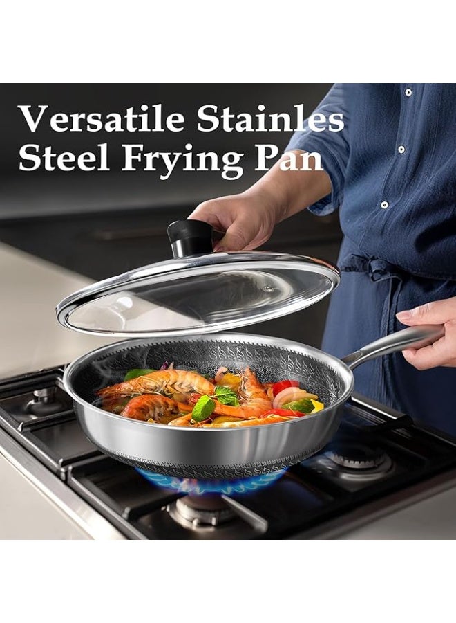 LENND Frying Pan Nonstick with Lid, 28CM Deep Stainless Steel Cookware Sauté Pan Skillet, Pan with Handle, Honeycomb Cooking Pot Dishwasher Safe, Wok Pan Compatible with All Cooktops - Image 5