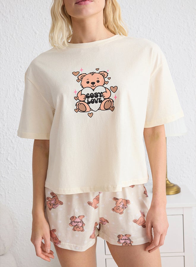 trendyol Ecru % Cotton Teddy Bear and Polka Dot Sleep Band Shorts Knitted Pajama Set - Image 3