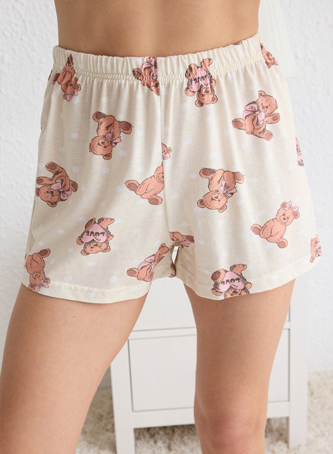 trendyol Ecru % Cotton Teddy Bear and Polka Dot Sleep Band Shorts Knitted Pajama Set - Image 4