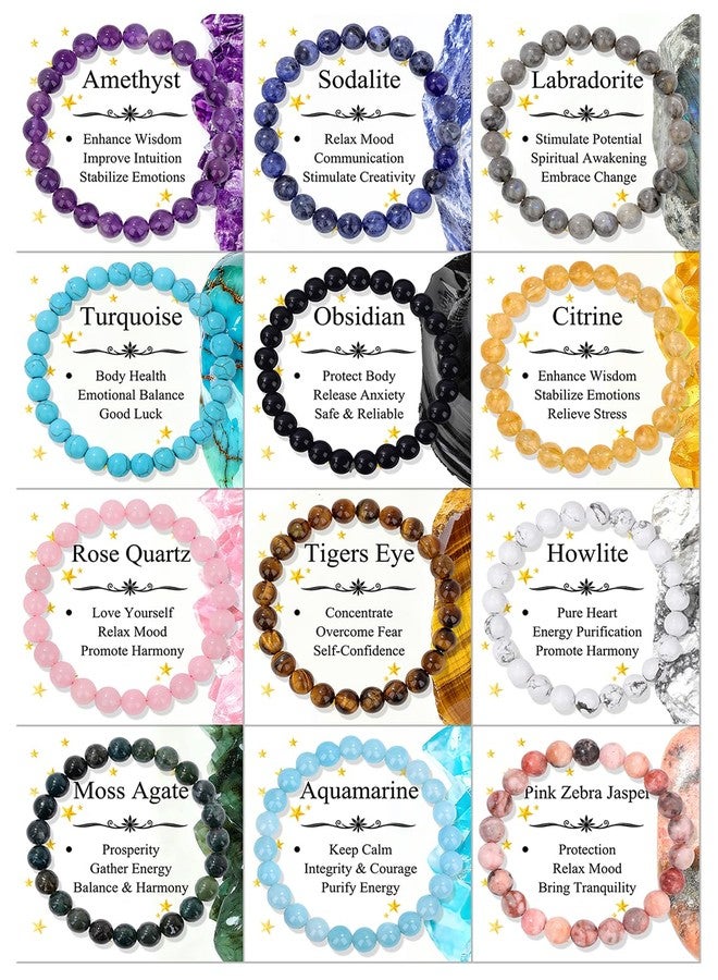 WAINIS 12Pcs 8mm Natural Healing Crystal Bracelets for Women Men Semi-Precious Gemstone Beaded Bracelets Round Beads Gemstones Stretch Yoga Bracelet - Image 1