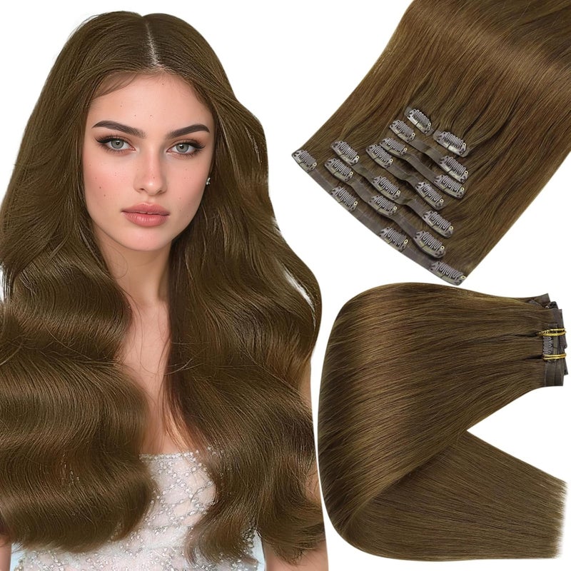 Full Shine Clip in Human Hair Extensions Medium Brown Seamless Clip in Hair Extensions Human Hair Brown Invisible Real Human Hair Extensions Clip ins PU Weft Brazilian Hair 14 Inch 8 PCS 120 G