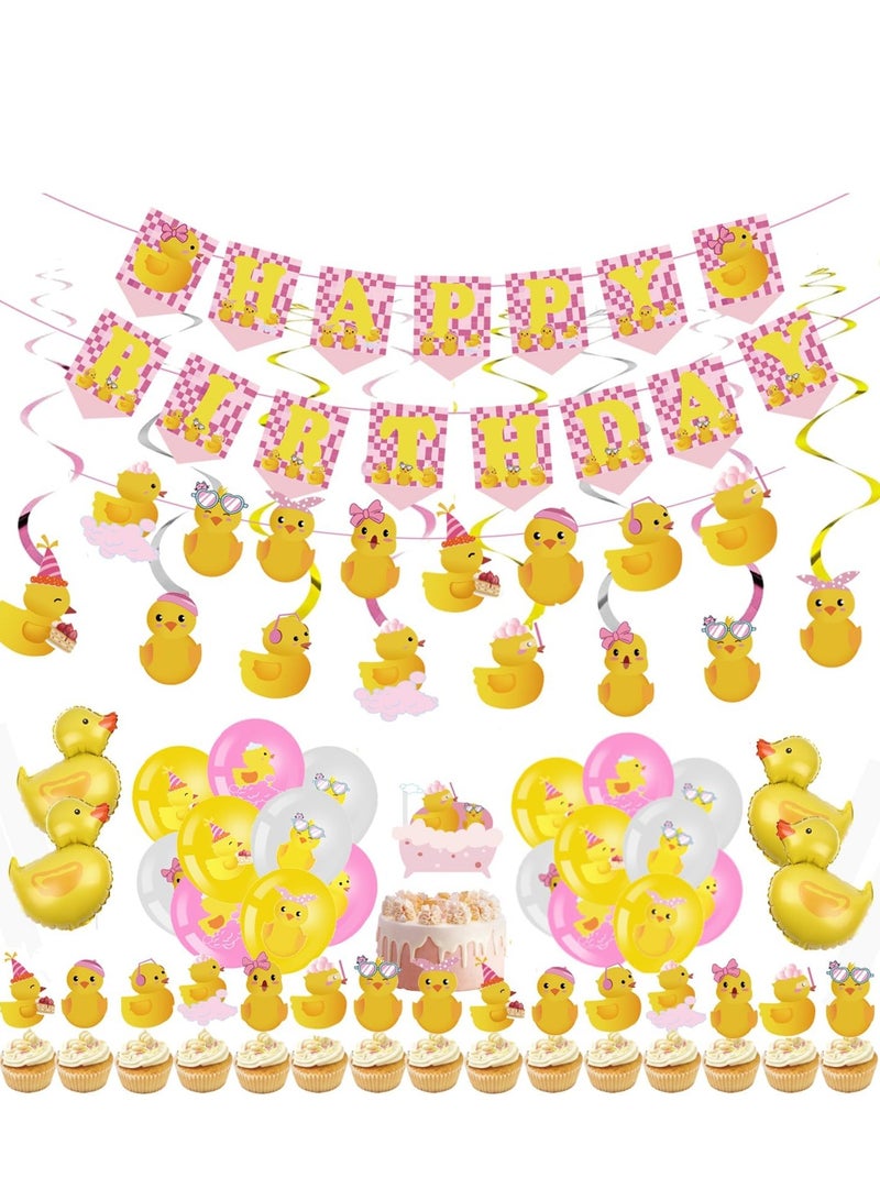 77Pcs Pink Ducky Party Decorations Cute Duck Birthday Party Accessory Include Hanging Banner Hanging Swirls Latex Balloons Cupcake Topper for Birthday Duck  - Image 1