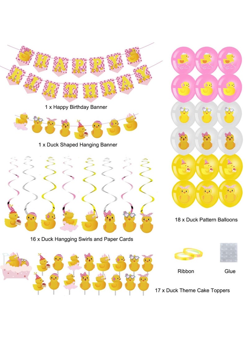 77Pcs Pink Ducky Party Decorations Cute Duck Birthday Party Accessory Include Hanging Banner Hanging Swirls Latex Balloons Cupcake Topper for Birthday Duck  - Image 3