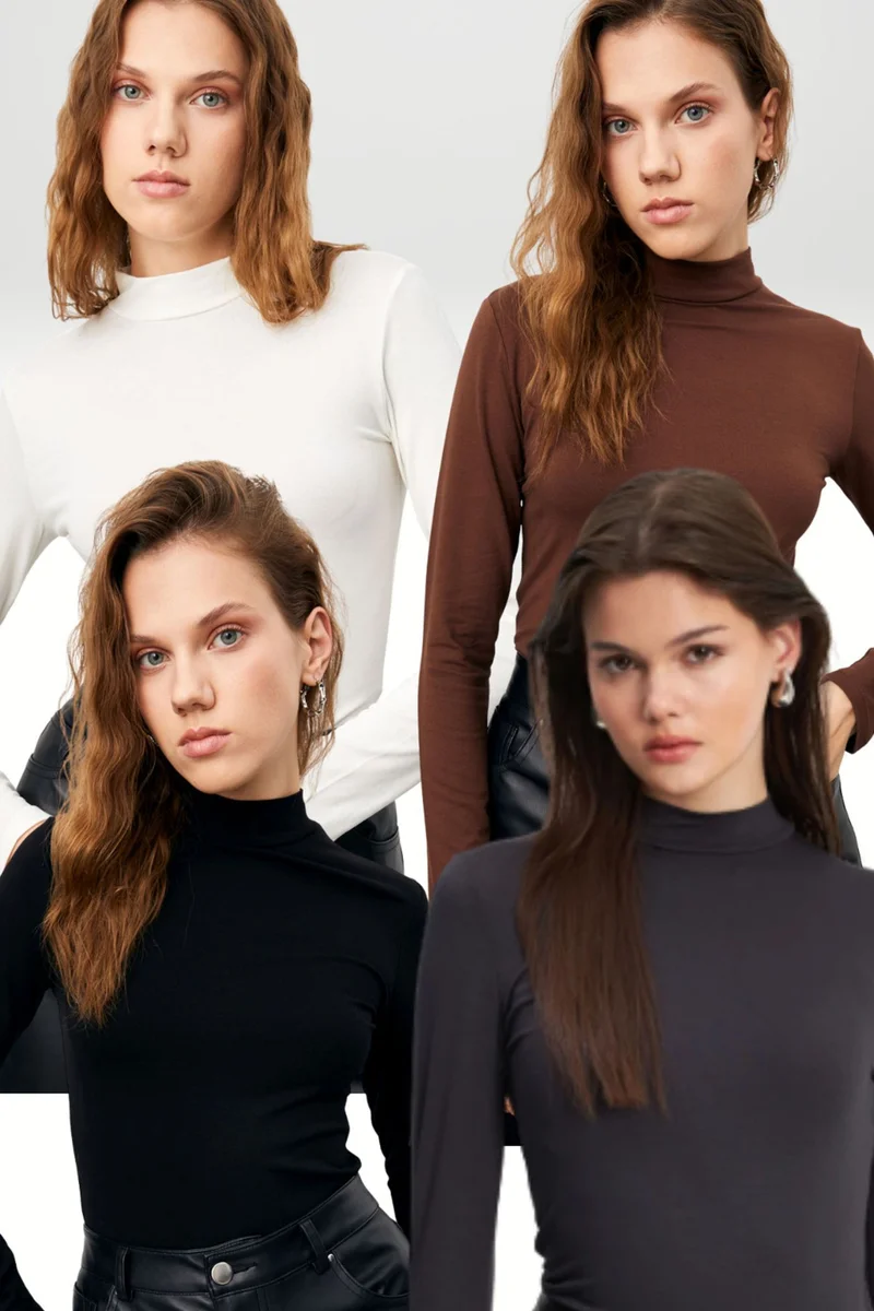 بيبانتولون BIPANTOLON Women's 4-Pack Slim Fit Turtleneck Bodysuits