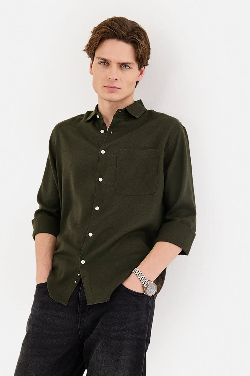 Snitch Olive Linen Blend Regular Fit Shirt for Men | Best Price UAE