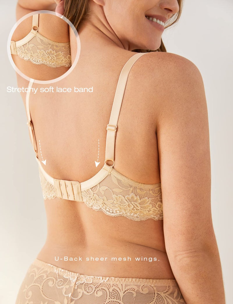 Deyllo Women’s Push Up Lace Bra Comfort Padded Underwire Bra Lift Up Add One Cup(Beige,36B) - Image 3