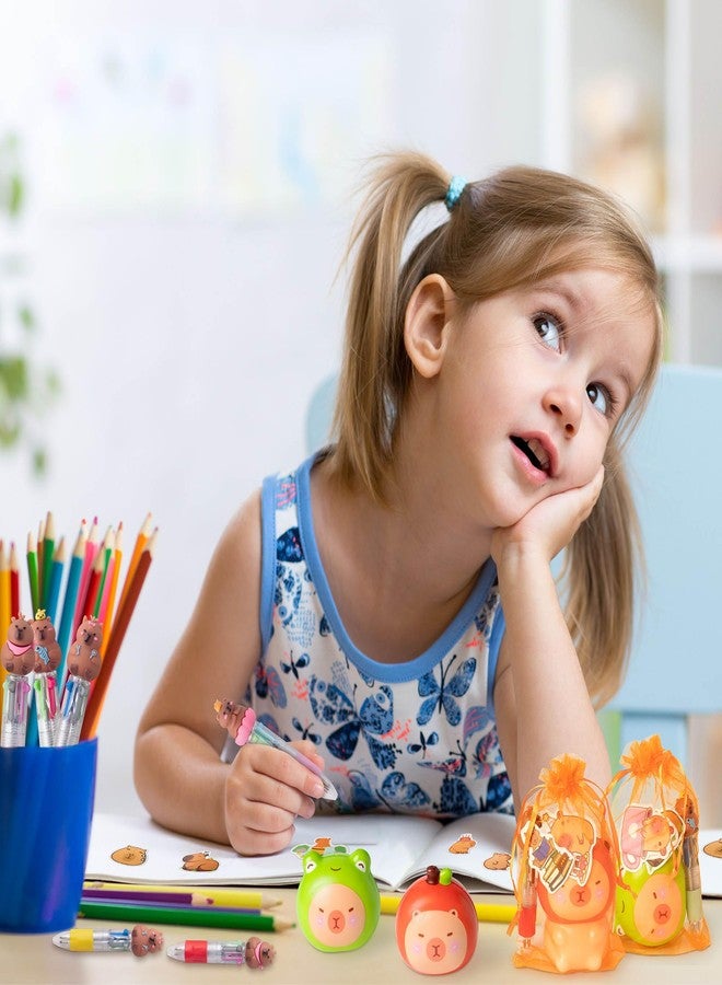 CY2SIDE 12 Pack Capybara Squeeze Toys Party Favor Gift Set, Included Random Slow Rising Squishy Toys 4-in-1 Ballpoint Pen Stickers and Organza Bag, Capybara Party Goodie Bag Fillers for Kids Rewards - Image 5