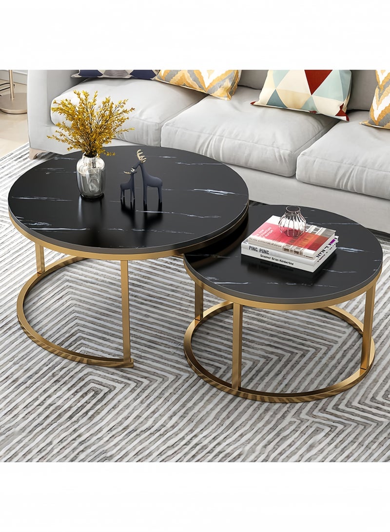 جيجيرو طقم طاولة قهوة دائرية مكون من طاولتين جانبيتين لغرفة المعيشة، طاولة قهوة دائرية ورخامية متداخلة مع طاولات جانبية قابلة للتكديس، لون أسود - Image 1