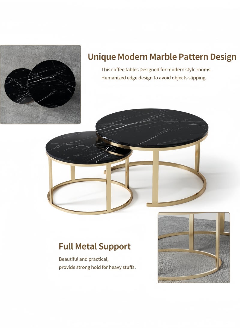 جيجيرو طقم طاولة قهوة دائرية مكون من طاولتين جانبيتين لغرفة المعيشة، طاولة قهوة دائرية ورخامية متداخلة مع طاولات جانبية قابلة للتكديس، لون أسود - Image 2