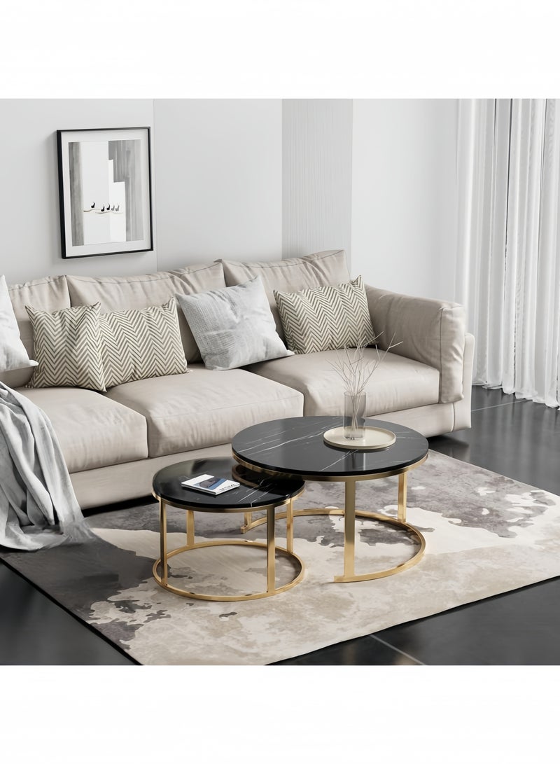 جيجيرو طقم طاولة قهوة دائرية مكون من طاولتين جانبيتين لغرفة المعيشة، طاولة قهوة دائرية ورخامية متداخلة مع طاولات جانبية قابلة للتكديس، لون أسود - Image 4