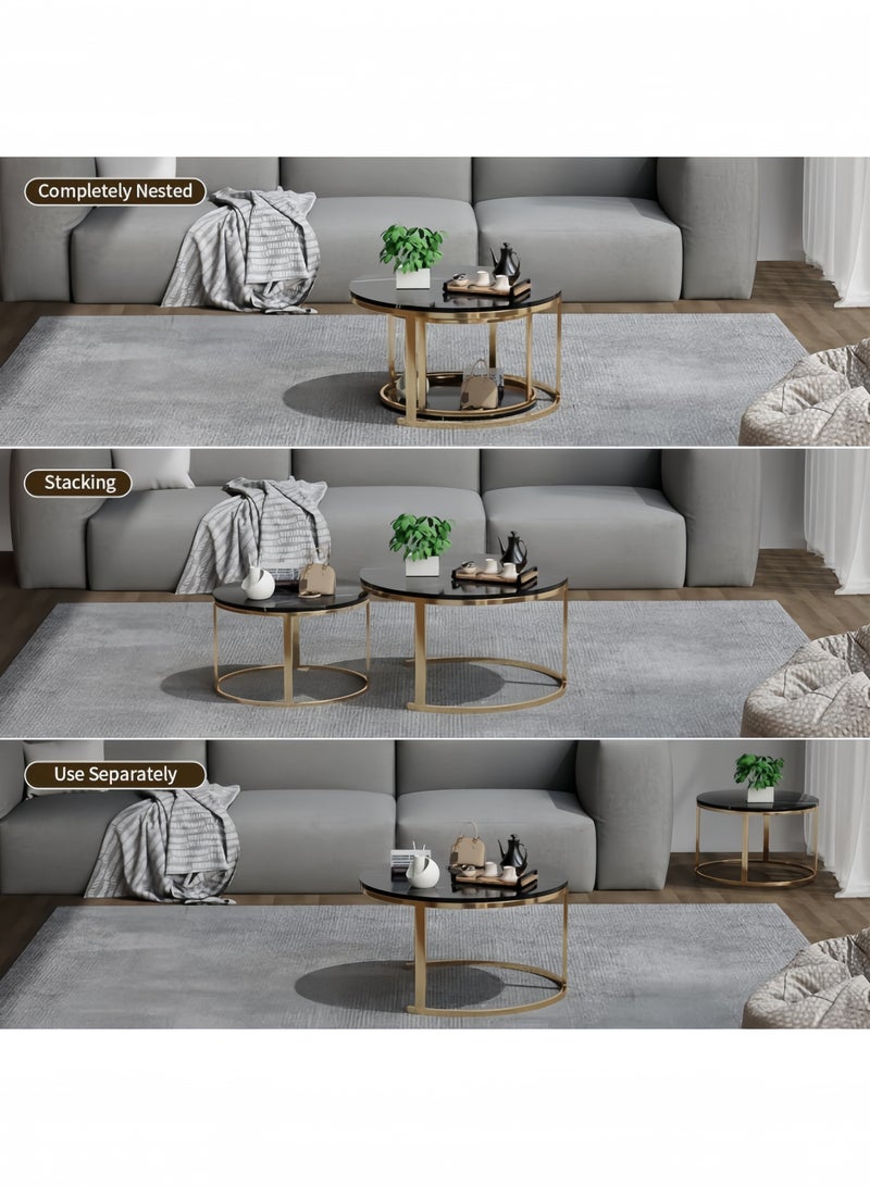 جيجيرو طقم طاولة قهوة دائرية مكون من طاولتين جانبيتين لغرفة المعيشة، طاولة قهوة دائرية ورخامية متداخلة مع طاولات جانبية قابلة للتكديس، لون أسود - Image 3