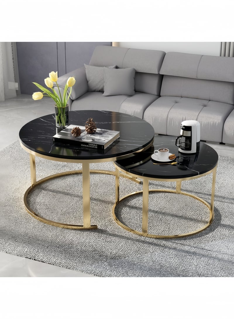 جيجيرو طقم طاولة قهوة دائرية مكون من طاولتين جانبيتين لغرفة المعيشة، طاولة قهوة دائرية ورخامية متداخلة مع طاولات جانبية قابلة للتكديس، لون أسود - Image 5