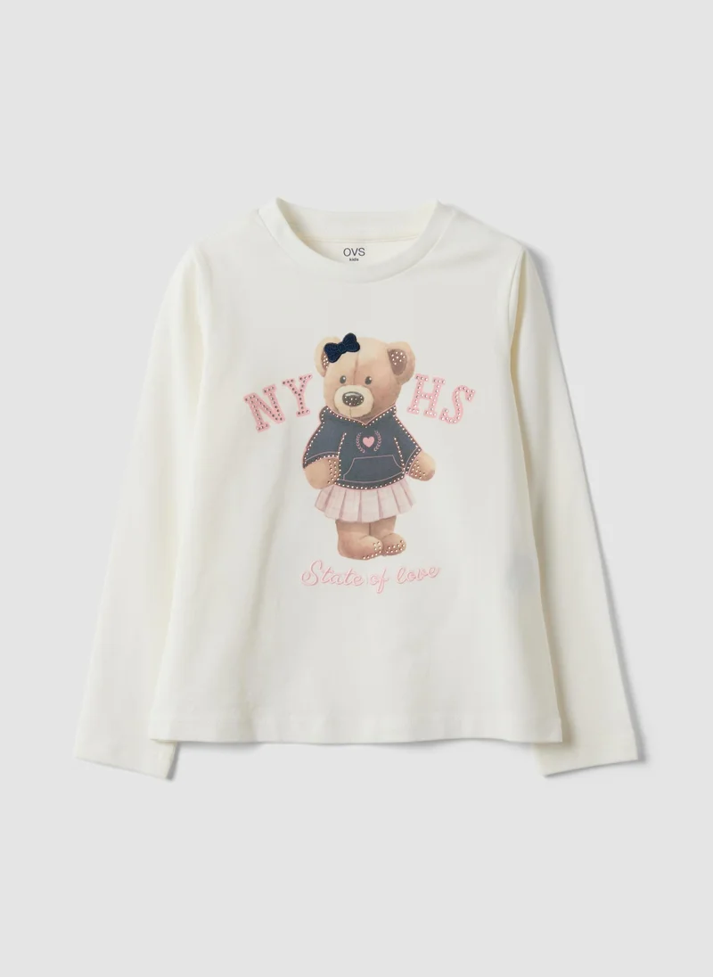 Ovs OVS White Stretch Cotton T-Shirt With Teddy Bear Print For Girls