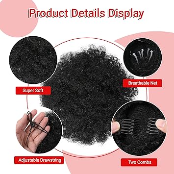 Dimeho Afro Puff Drawstring Ponytail for Black Women Afro Puff Clip Short Synthetic Kinky Curly Bun Hair Extensions Afro Bun Ponytail Hair Puffs Fluffy High Updo Hairpieces 1B Natural Black - Image 3