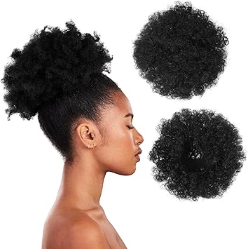 Dimeho Afro Puff Drawstring Ponytail for Black Women Afro Puff Clip Short Synthetic Kinky Curly Bun Hair Extensions Afro Bun Ponytail Hair Puffs Fluffy High Updo Hairpieces 1B Natural Black - Image 1