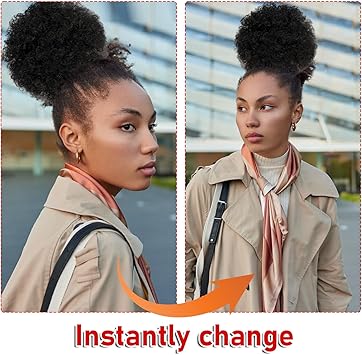 Dimeho Afro Puff Drawstring Ponytail for Black Women Afro Puff Clip Short Synthetic Kinky Curly Bun Hair Extensions Afro Bun Ponytail Hair Puffs Fluffy High Updo Hairpieces 1B Natural Black - Image 5