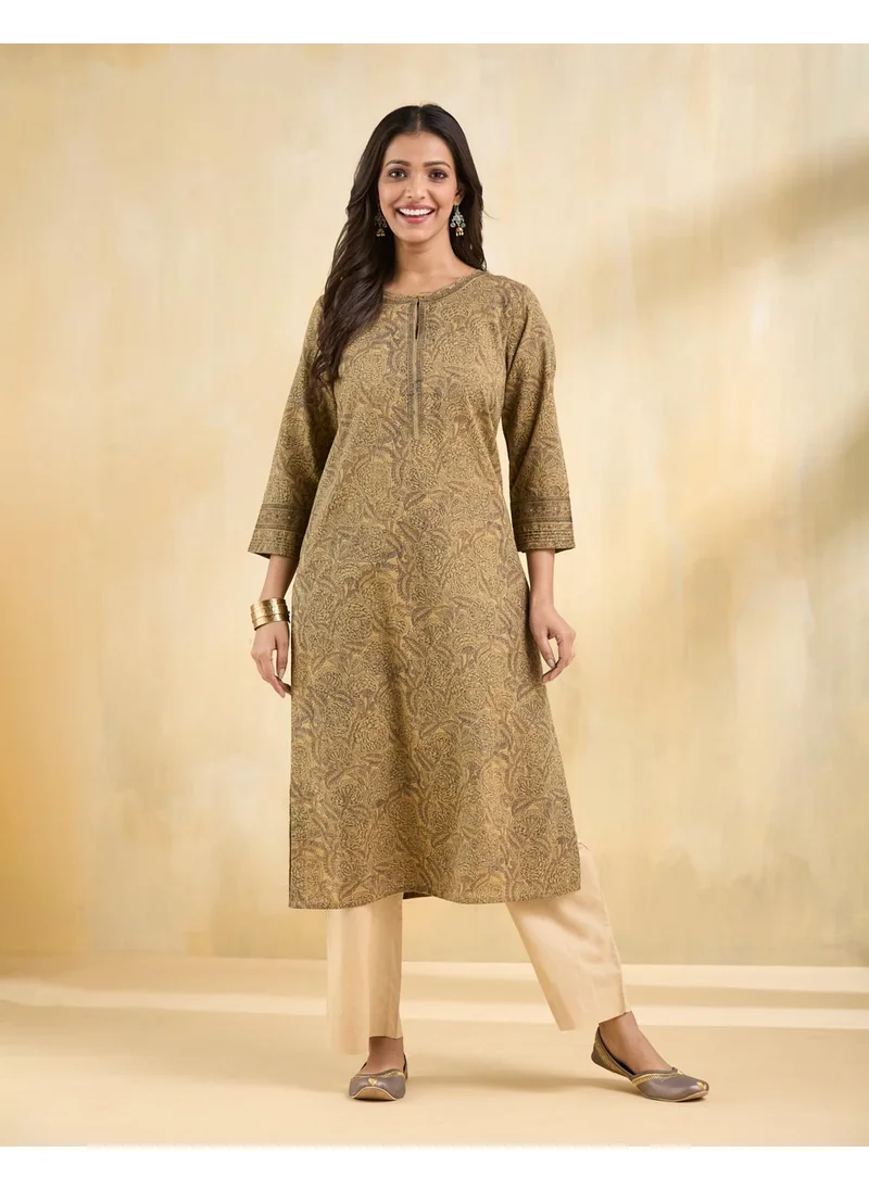 Fabindia Beige Cotton Printed Long Kurta