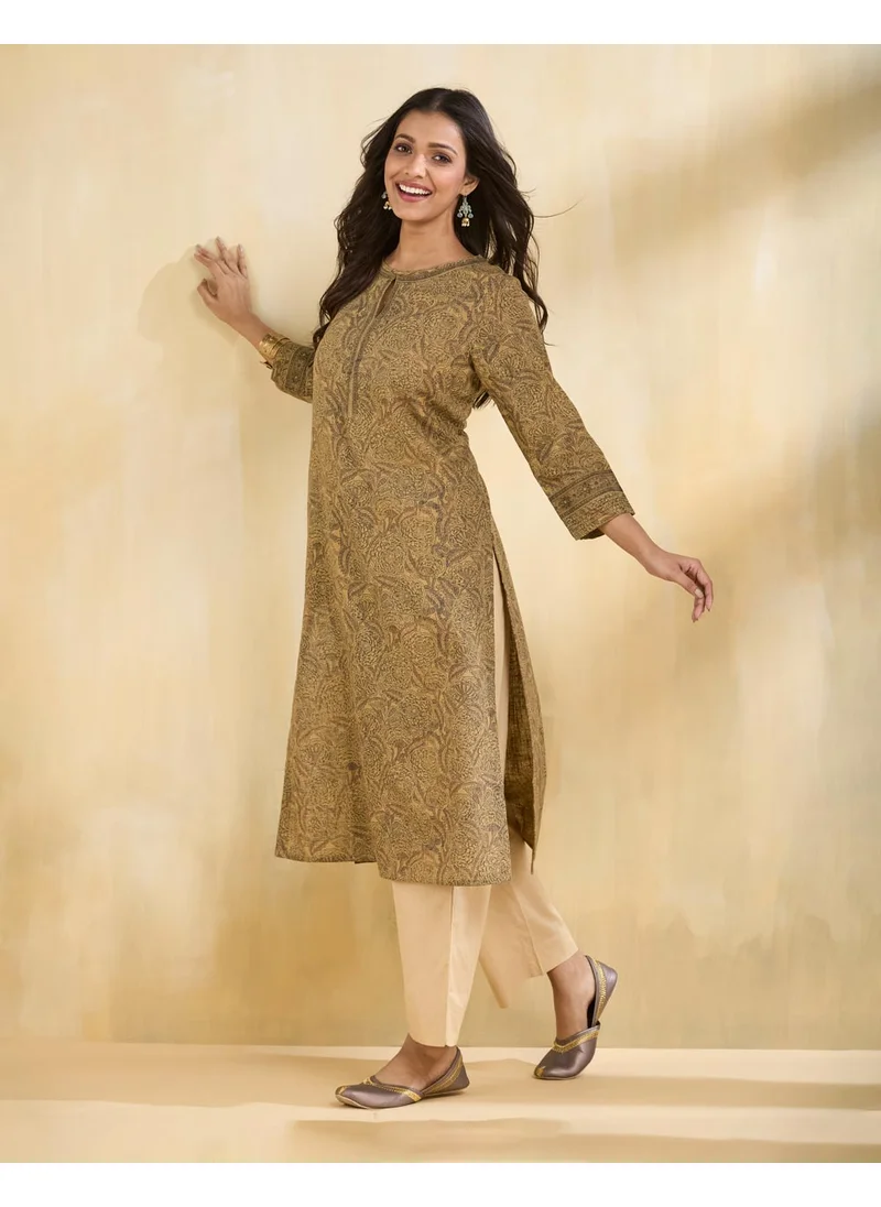 Fabindia Beige Cotton Printed Long Kurta