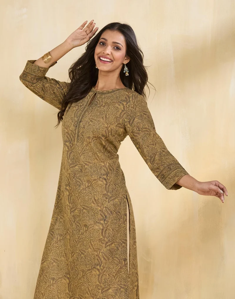 Fabindia Beige Cotton Printed Long Kurta