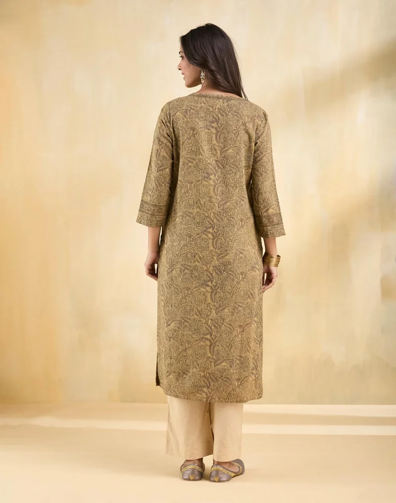 Fabindia Beige Cotton Printed Long Kurta