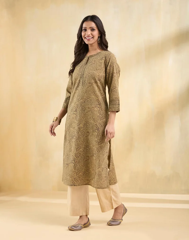 Fabindia Beige Cotton Printed Long Kurta