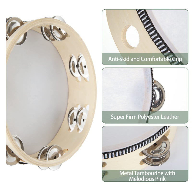 EOEXN 3 Pack 8 inch Tambourine for Adults, Wood Tambourine with Metal Jingles, Educational Instrument for KTV, Party, Church - Image 4