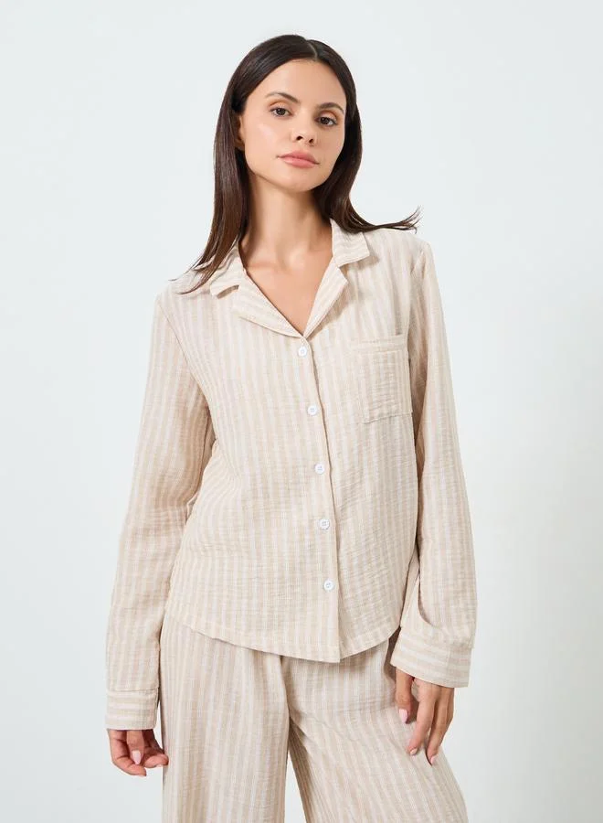 Styli Woven Linen Look Striped Shirt and Pyjama Set
