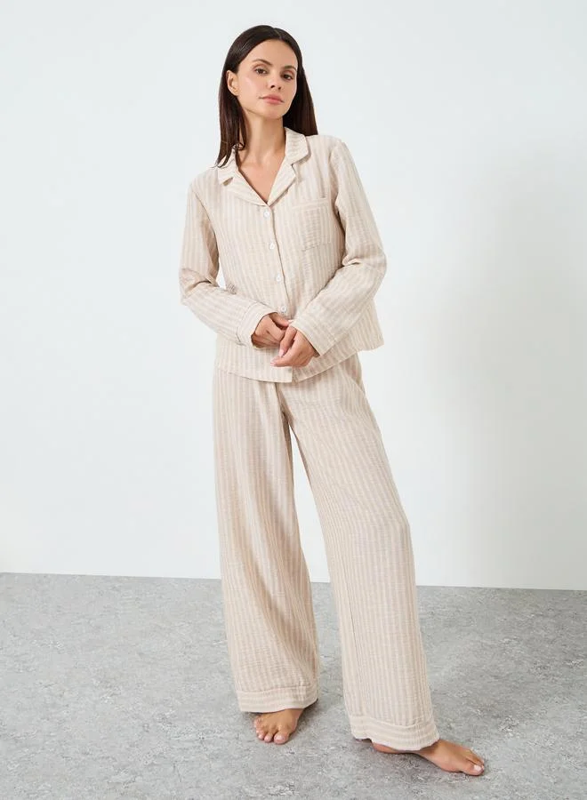 Styli Woven Linen Look Striped Shirt and Pyjama Set