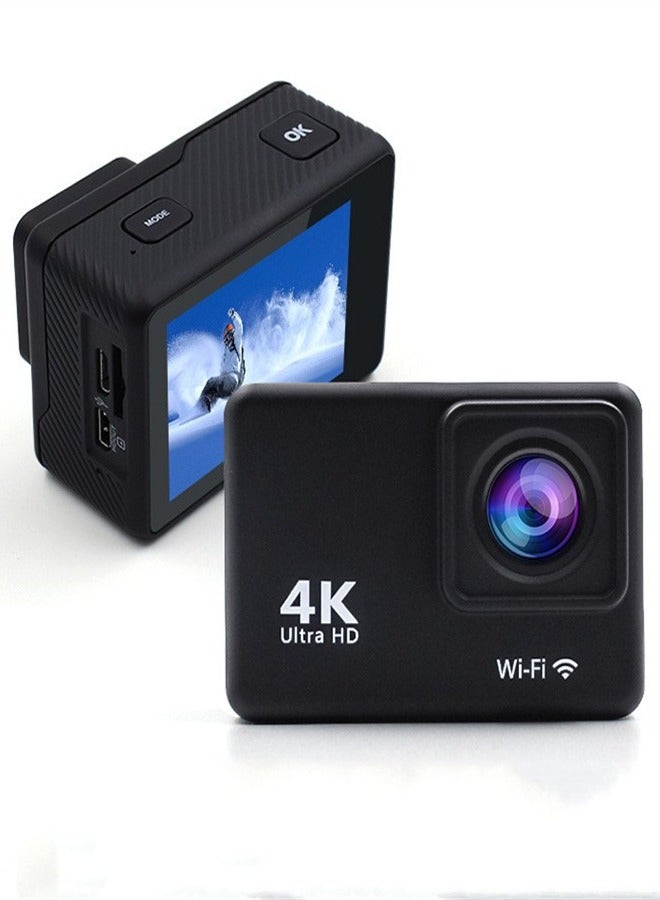 كاميرا رياضية 4K HD واي فاي مضادة للاهتزاز ومضادة للماء وجهاز تحكم عن بعد مع بطاقة U3 سعة 64 جيجابايت وجهاز تحكم عن بعد وملحقات (أسود) - Image 1