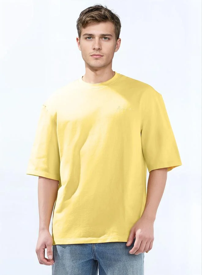 Hubberholme Men's Yellow 100% Cotton Solid Oversized T-Shirt
