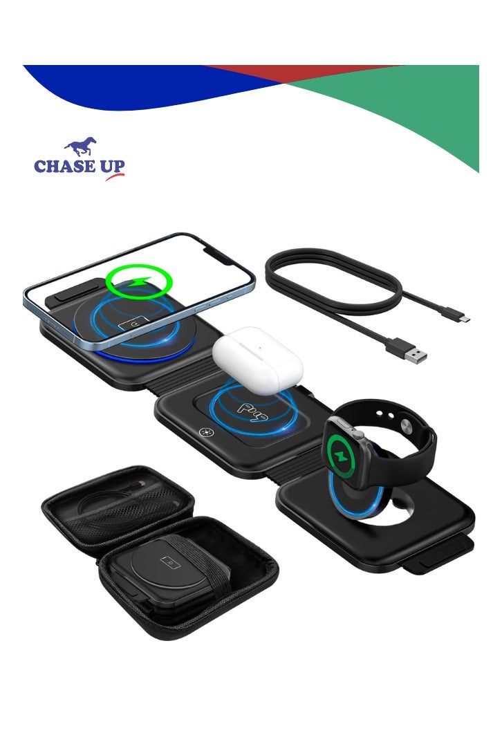 Chase Up Wireless Charger 3 in 1 with Travel Case Portable, Fast Wireless Charging Station, Foldable Wireless Charger for iPhone 15/14/13/12 Series, AirPods Pro/3/2, iWatch - Black - Image 1
